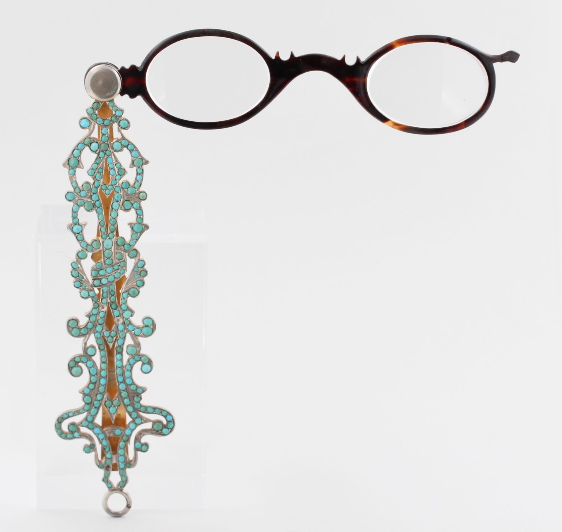 Lorgnette Silber, wohl vor 1900, 900 Silber, filigran gearbeitet, mit kleinen Türkis Cabochons (7 - Bild 2 aus 6