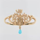 Brosche, 14 kt Gelbgold, mit 1 kleinen Türkis, Darstellung wohl des Erzengels Ariel, punziert,