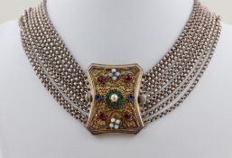 Kropfkette B. Kircher, Silber, teilvergoldet, mit bunten Glassteinen, Punze wohl Münchner Kindl,