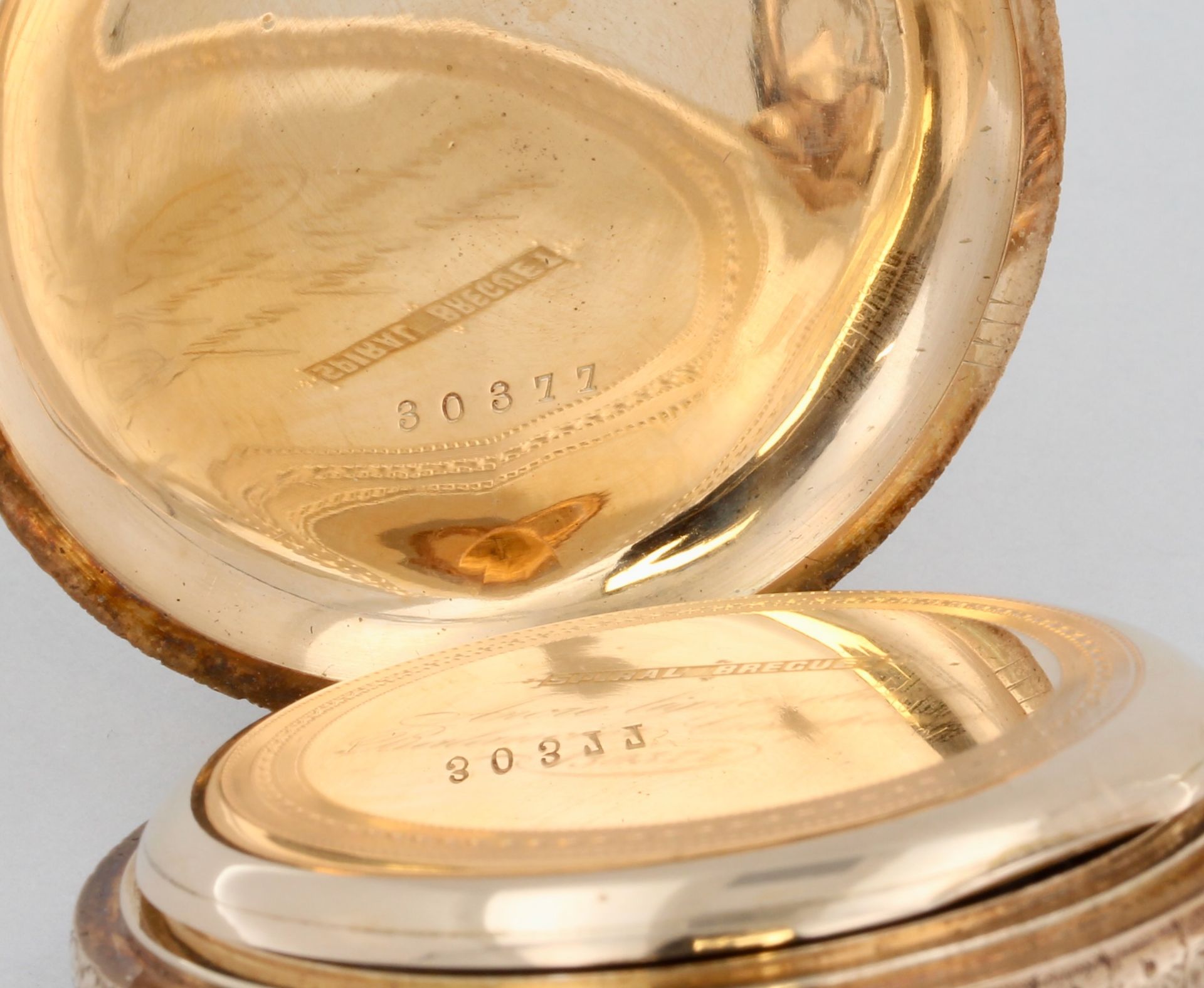 Taschenuhr, 2 Deckel 14 kt Gelbgold, weißes Zifferblatt mit römischen und arabischen Zahlen, - Bild 5 aus 7