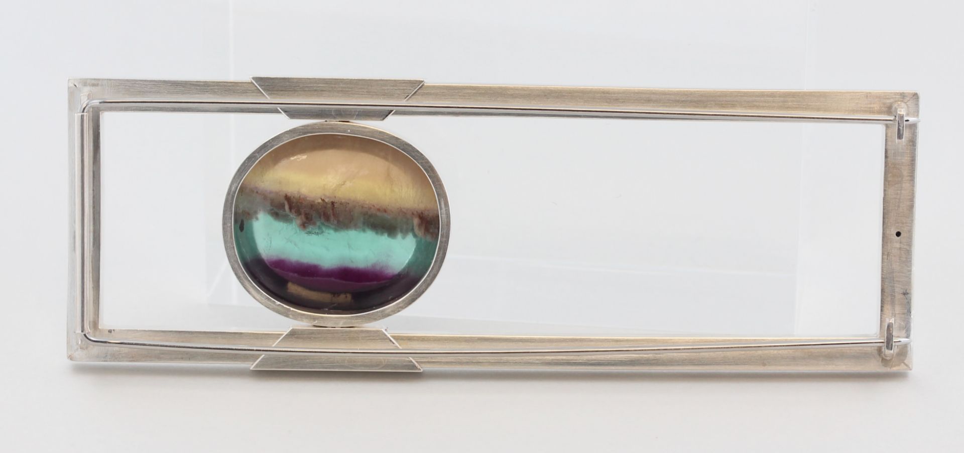 Brosche mit Regenbogenfluorit, Silber, mit 1 wohl Regenbogenfluorit Cabochon, Stein verschiebbar, - Bild 3 aus 4