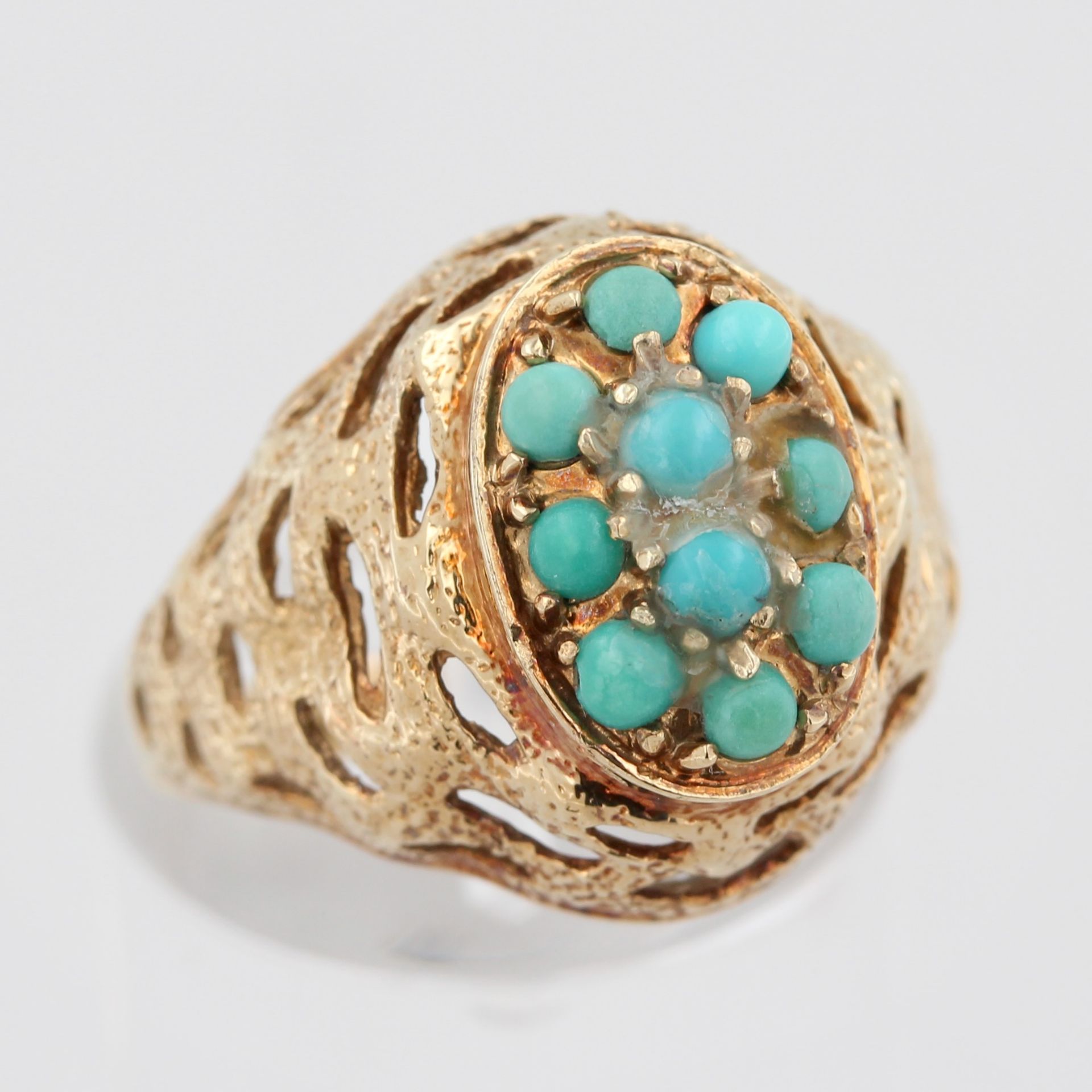 Damenring, 14 kt Gelbgold, mit kleinen Türkisen (leichte Klebereste), punziert, ca. 5,2 g, RM 56 - Bild 2 aus 4