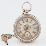Taschenuhr, Silber, Zifferblatt Silber mit aufgesetzten römischen Zahlen und floraler Verzierung,