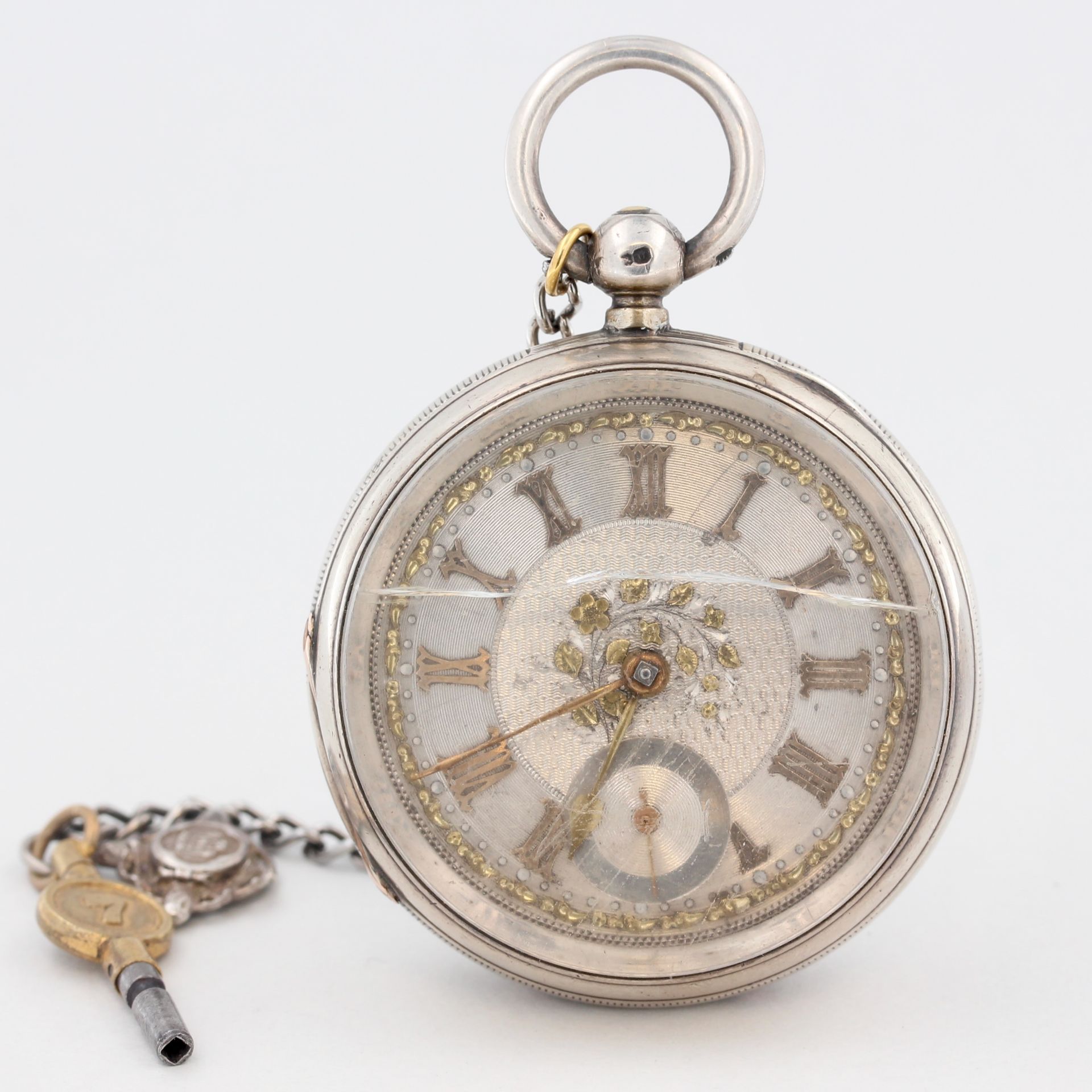 Taschenuhr, Silber, Zifferblatt Silber mit aufgesetzten römischen Zahlen und floraler Verzierung,