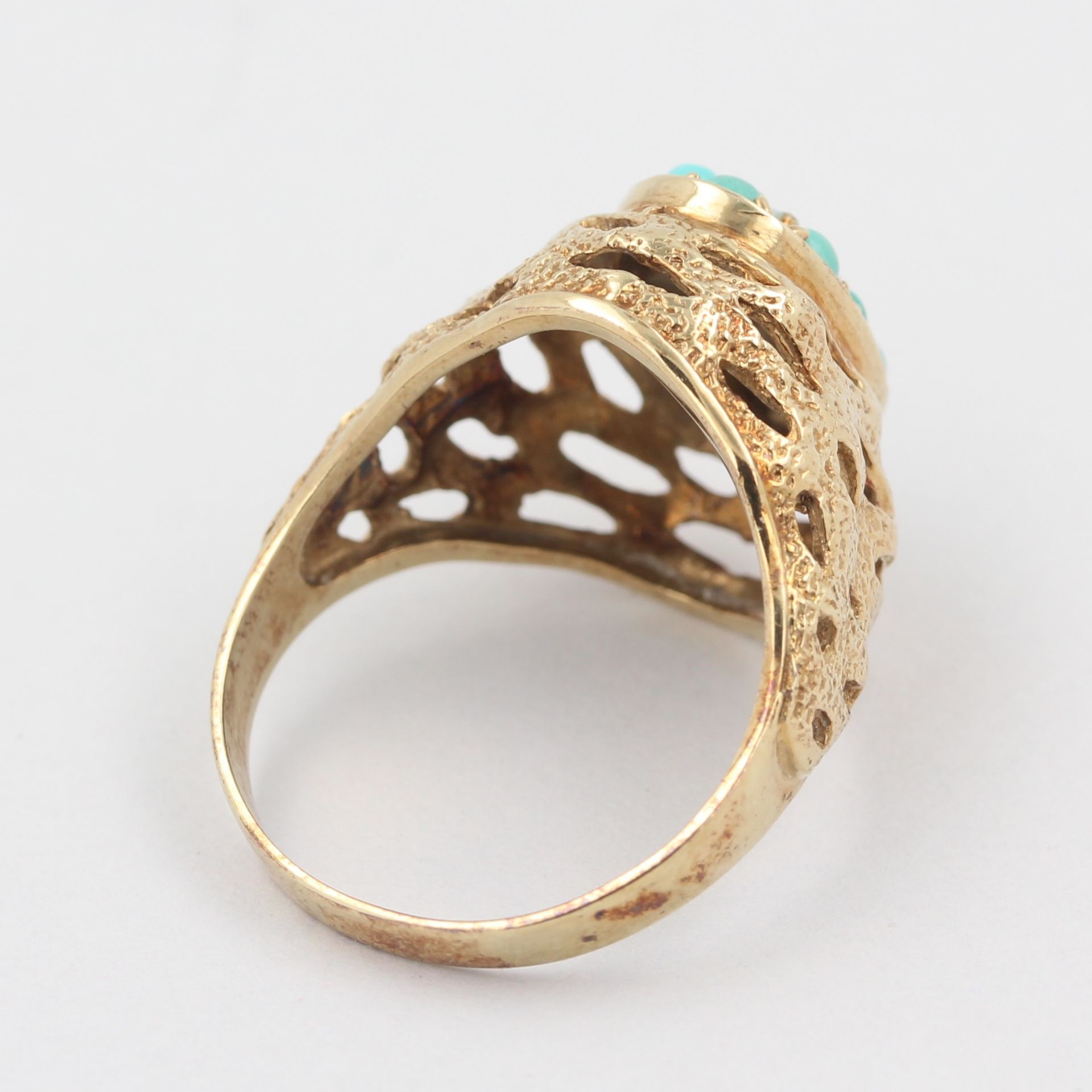 Damenring, 14 kt Gelbgold, mit kleinen Türkisen (leichte Klebereste), punziert, ca. 5,2 g, RM 56 - Bild 3 aus 4