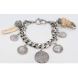 Charivari , 800 Silber, mit 5 Münzanhängern und 2 Anhängern mit Horn und Zahn, punziert, ca. 183,5