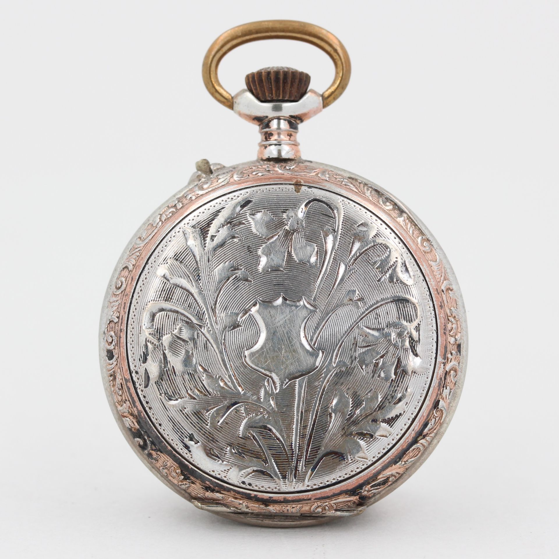 Taschenuhr, 800 Silber, weißes Zifferblatt mit römischen Zahlen, beschädigt, florale Motive, - Bild 2 aus 4