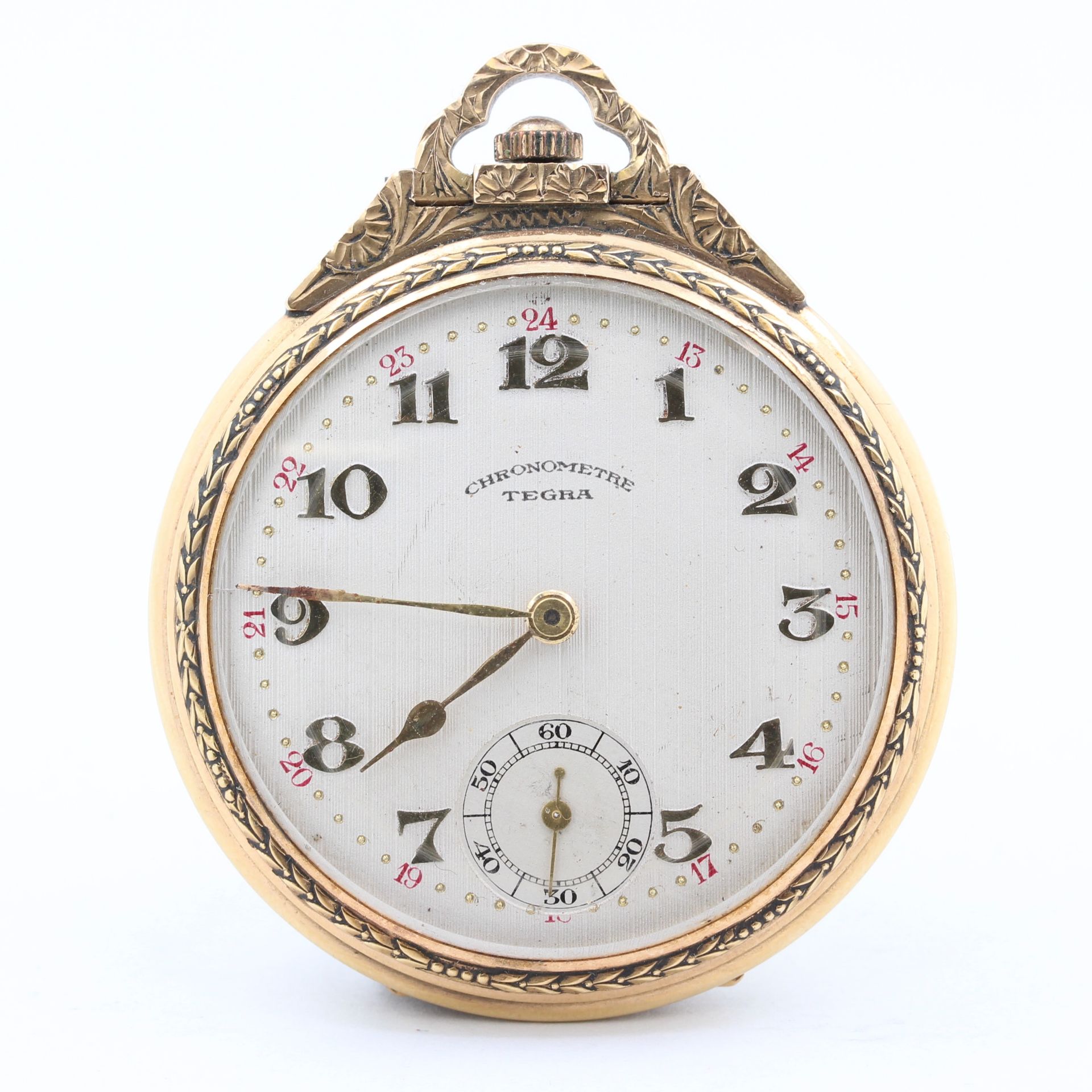 Frackuhr, 14 kt Gelbgold, fein verziertes Gehäuse, helles Zifferblatt mit arabischen Zahlen,