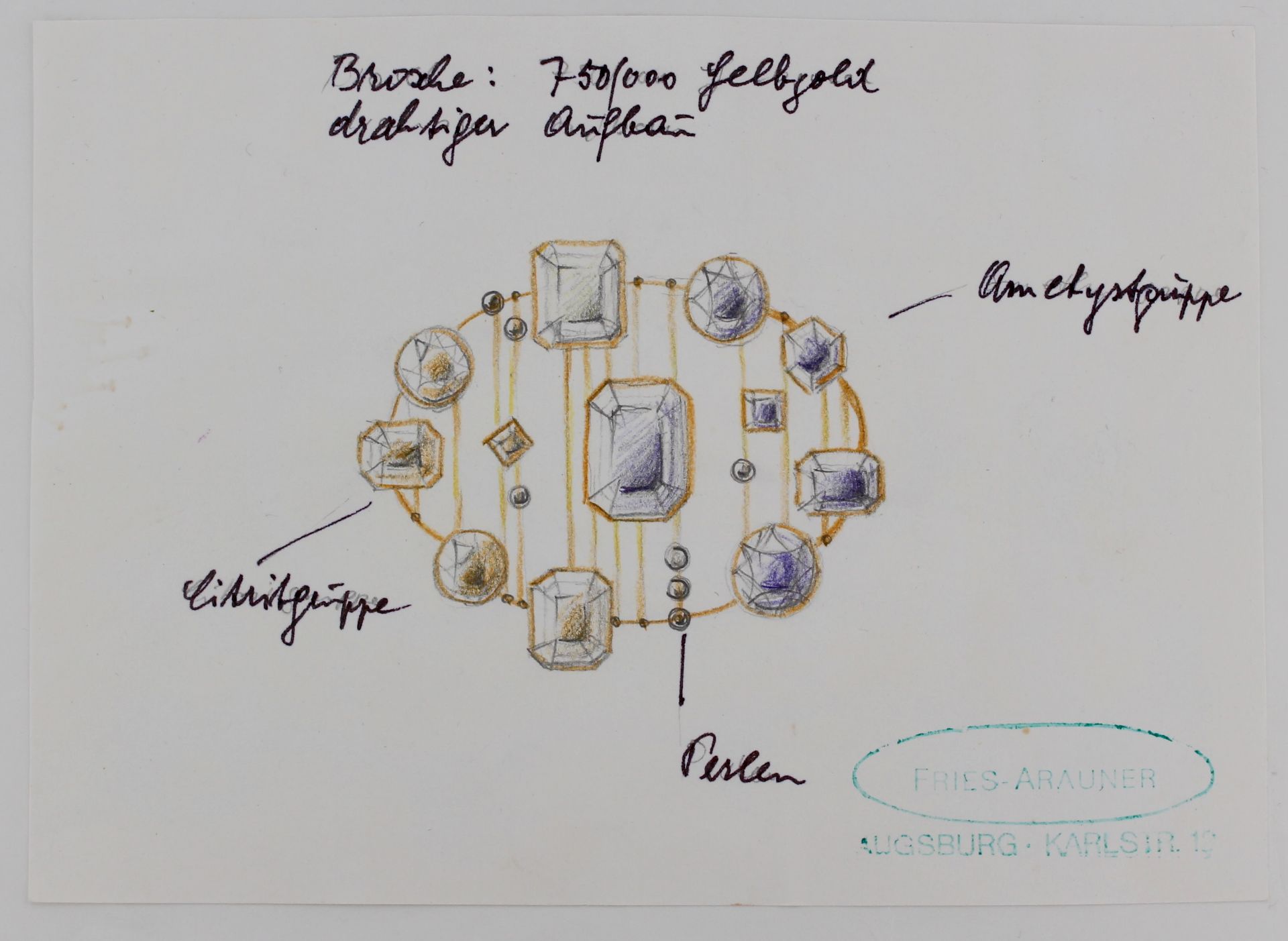 Brosche Fries-Arauner, 18 kt Gelbgold, mit Amethysten, Citrinen und weißen Perlen, Goldschmied - Bild 6 aus 6
