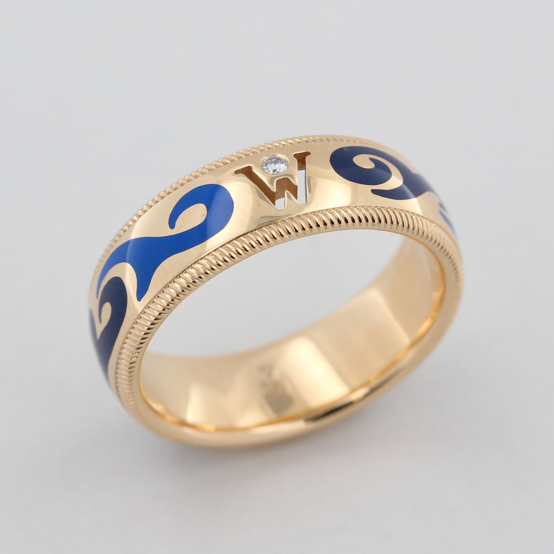 Wellendorff Schmuckset Patrizier, 18 kt Gelbgold, mit blauem, transluzidem Emaille, Wellendekor, mit - Bild 2 aus 7