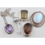 5 Anhänger Silber, Silber, mit Bergkristall, Rauchquarz, wohl Mondstein, Amethyst, usw., L. 5,7 cm -