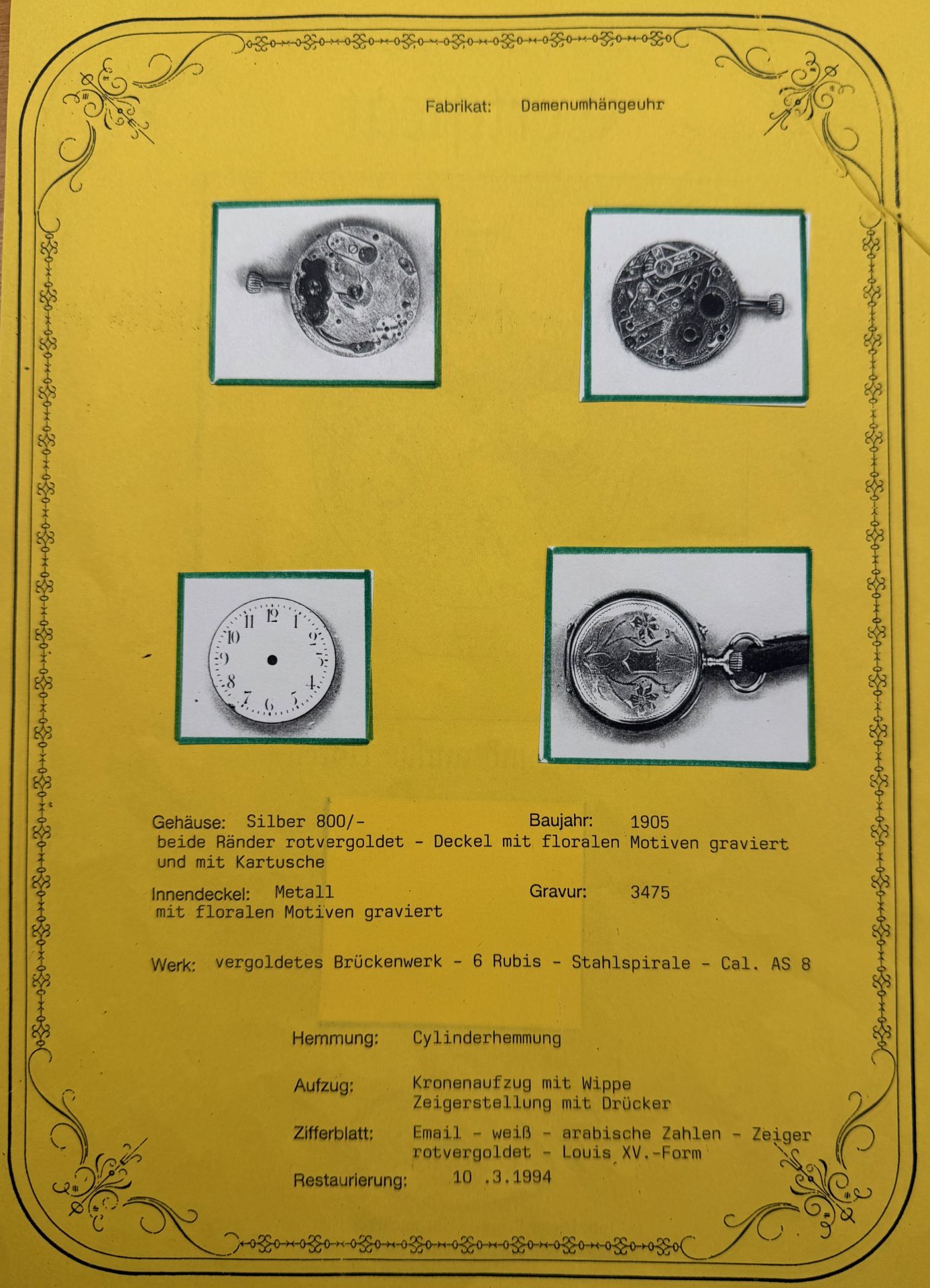 Taschenuhr, 800 Silber, weißes Zifferblatt mit arabischen Zahlen, Deckel floral graviert, Gravur - Bild 4 aus 4