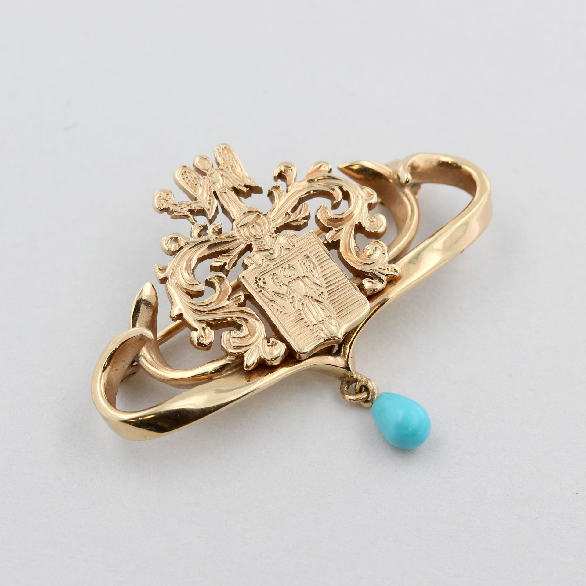 Brosche, 14 kt Gelbgold, mit 1 kleinen Türkis, Darstellung wohl des Erzengels Ariel, punziert, - Bild 2 aus 4