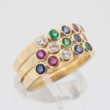 Set Damenringe, 18 kt Gelbgold, mit Brillanten, Saphiren, Smaragden und Rubinen, punziert, ca. 10,