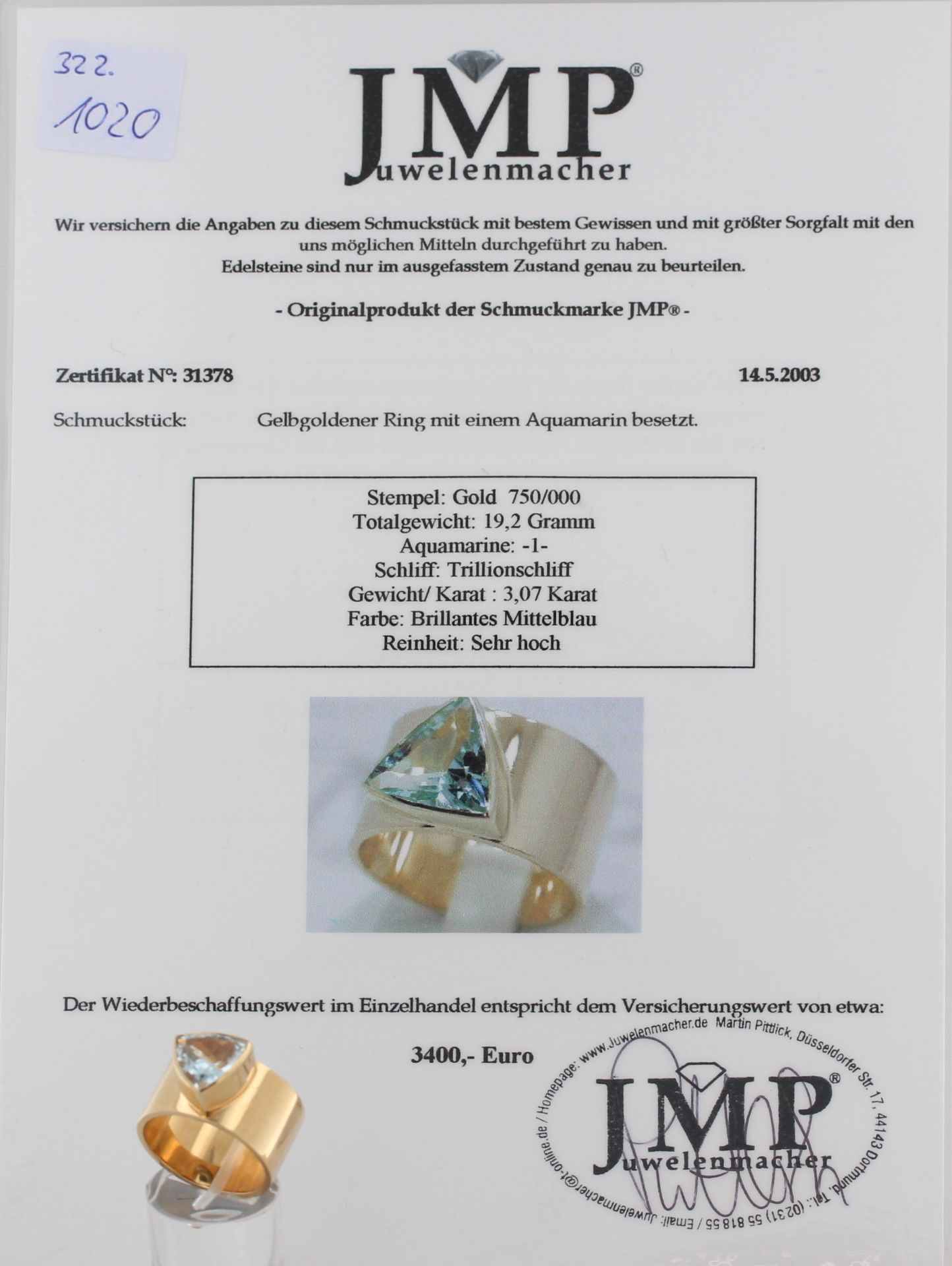 Damenring mit Aquamarin, 18 kt Gelbgold, mit 1 Aquamarin im Trillionschliff, ca. 3,07 ct, - Bild 6 aus 6