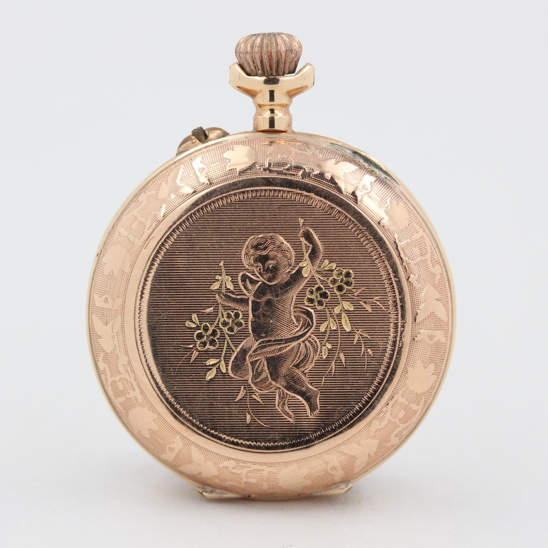 Taschenuhr, 585 Rotgold, weißes Zifferblatt mit arabischen Zahlen, Gehäuse mit floraler Gravur, - Bild 2 aus 4