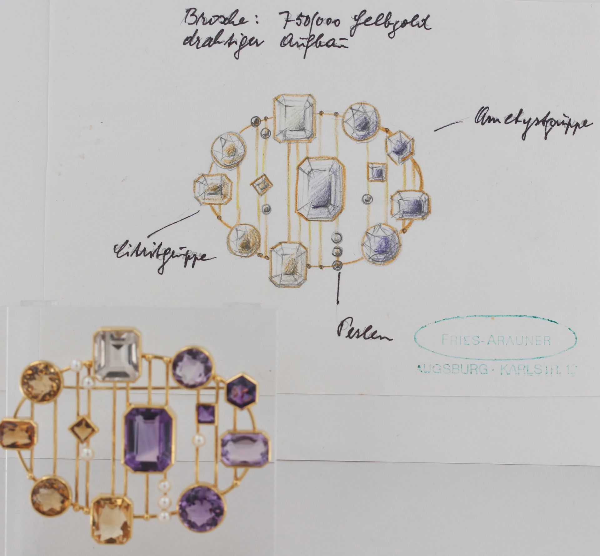 Brosche Fries-Arauner, 18 kt Gelbgold, mit Amethysten, Citrinen und weißen Perlen, Goldschmied - Bild 5 aus 6