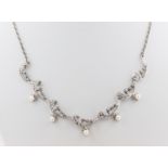 Collier Silber, Silber, floral gearbeitet, mit Markasiten und weißen Perlen, ca. 14,5 g, L. 43,5 cm,