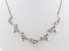 Collier Silber, Silber, floral gearbeitet, mit Markasiten und weißen Perlen, ca. 14,5 g, L. 43,5 cm,