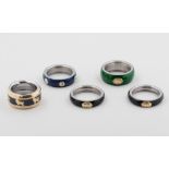 5 Charriol D'Arsy Ringe, Titan, teils 18 kt Gelbgold, teils mit kleinen Brillanten, buntes