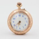 Taschenuhr, 585 Rotgold, weißes Zifferblatt mit arabischen Zahlen, Gehäuse mit floraler Gravur,