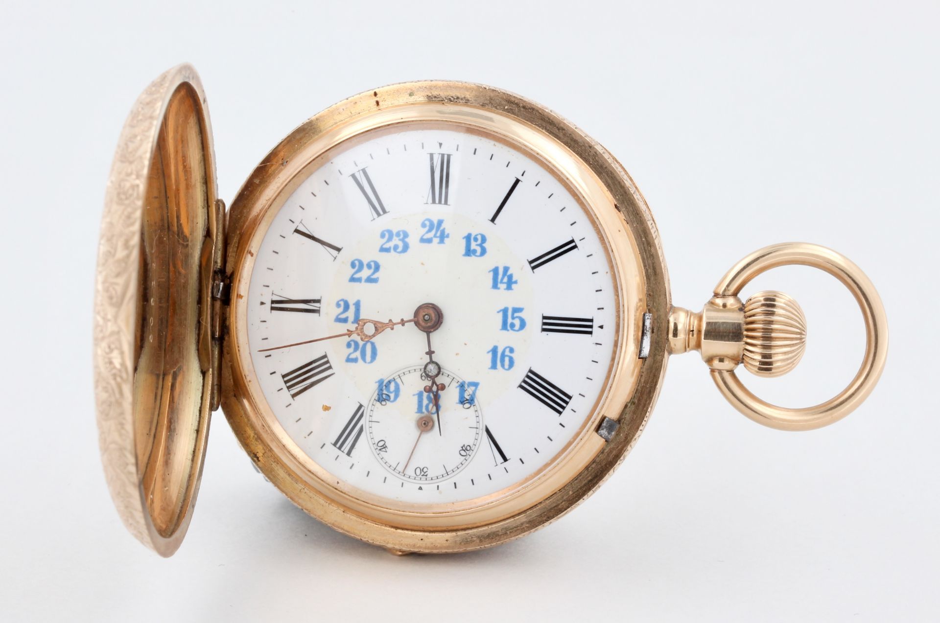Taschenuhr, 2 Deckel 14 kt Gelbgold, weißes Zifferblatt mit römischen und arabischen Zahlen,