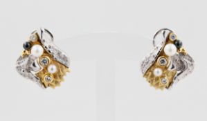 Paar Ohrstecker Bartel & Sohn, 14 kt Weißgold und Gelbgold, mit schwarzen und weißen Perlen und