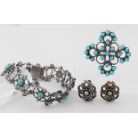 Schmuckset mit Türkis, 800 + 835 Silber, mit kleinen Türkisen, teils punziert, Ohrstecker L. 1,9 cm,