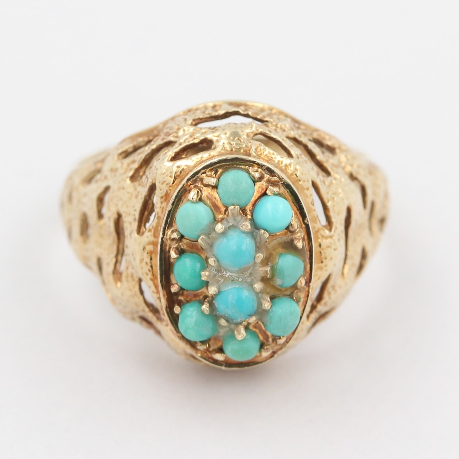 Damenring, 14 kt Gelbgold, mit kleinen Türkisen (leichte Klebereste), punziert, ca. 5,2 g, RM 56