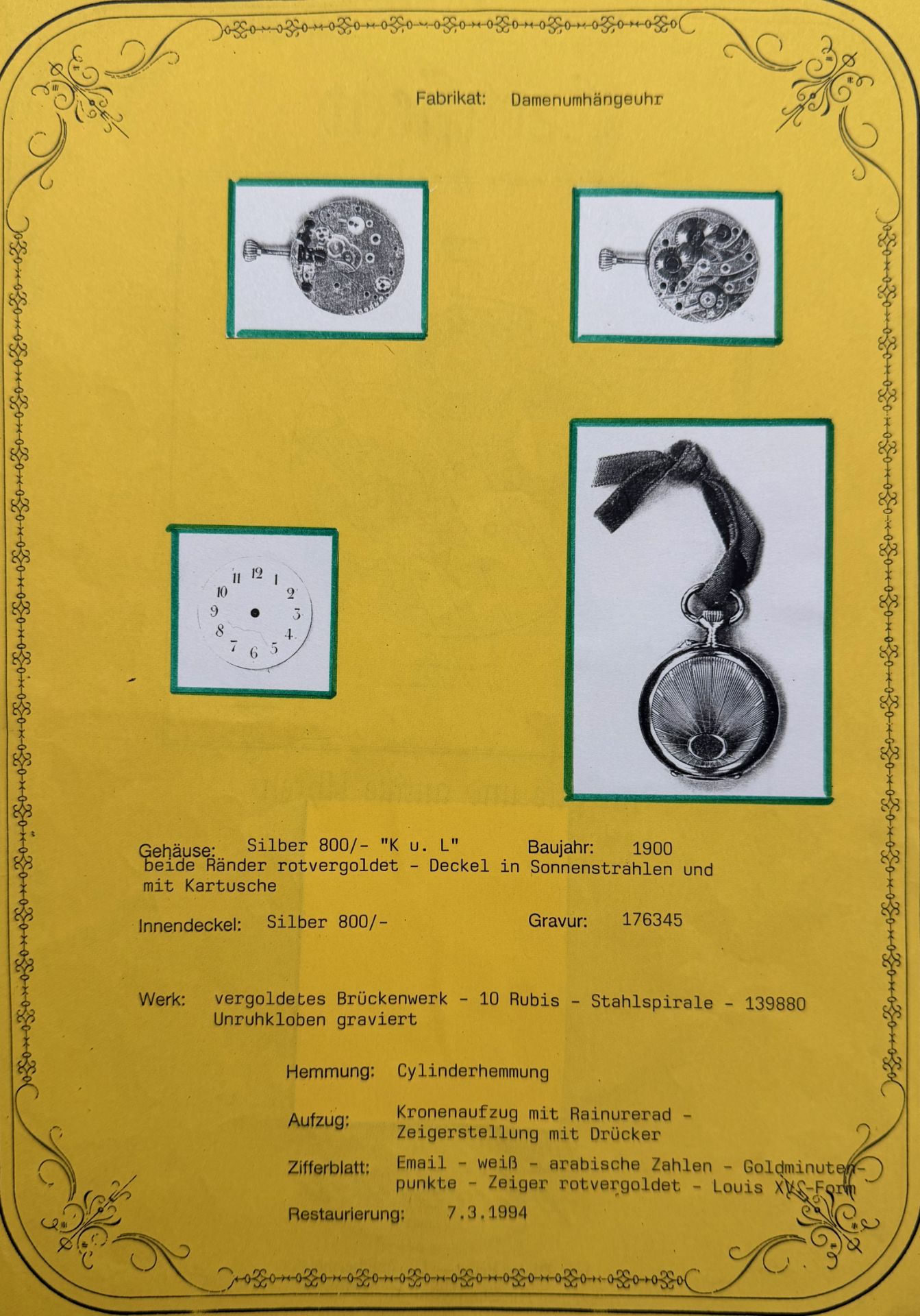 Taschenuhr "K u. L" , 800 Silber, "K u. L", weißes Zifferblatt mit arabischen Zahlen, Deckel mit - Bild 4 aus 4