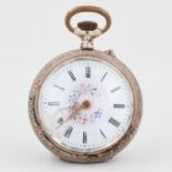 Taschenuhr, 800 Silber, weißes Zifferblatt mit römischen Zahlen, beschädigt, florale Motive,