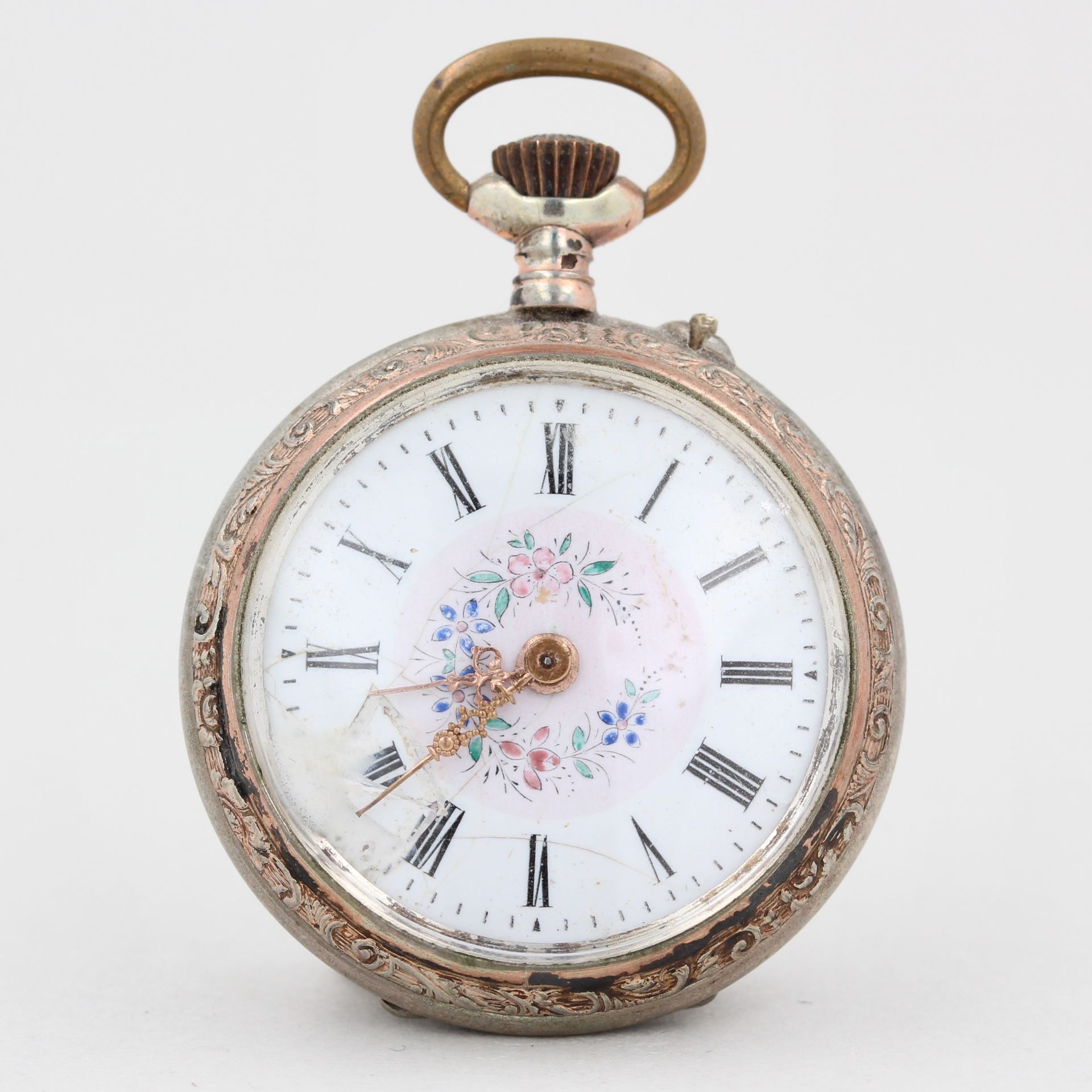 Taschenuhr, 800 Silber, weißes Zifferblatt mit römischen Zahlen, beschädigt, florale Motive,