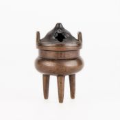 Small Chinese Qing Bronze Tripod Censer w/ Cover