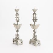 Pr Chinese Qing Pewter Shuangxi Altar Candlesticks