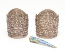 2 Chinese Silver Cuffs & Enamel Fingernail Guard