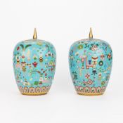 Pair Chinese Cloisonne Lidded Ginger Jar Urns