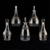 3 Lalique Alcohol Glass Decanters & 2 Others