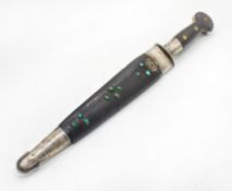 19th C. Durrani Dagger silver & horn grip, Damascus Blade, Sheath. Islamic Eastern, Persian/Indian