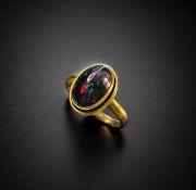 Magnificent Natural Black Opal Gold-Plated Sterling Silver Ring, Eastern