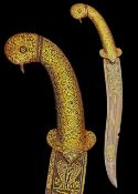 Fine 19th C. Mughal Court Dagger with Gold Koftgari and Bird-Form Hilt