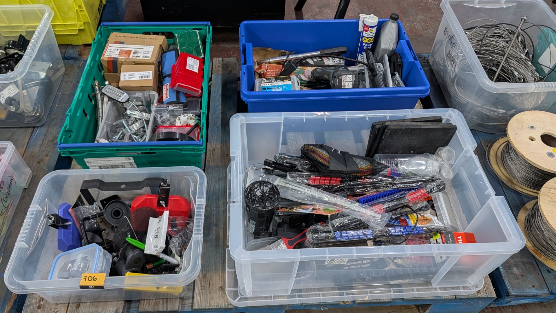 The contents of a Pallet of miscellaneous Hardware Items, Tools, Accessories and more.