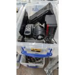 The contents of a Crate of Miscellaneous Items. Including USB Splitters, Controllers, Batteries and