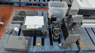 The contents of a Pallet of IT Equipment. Including DVR Keyboards, Mice, Switch, Speaker Equipment,