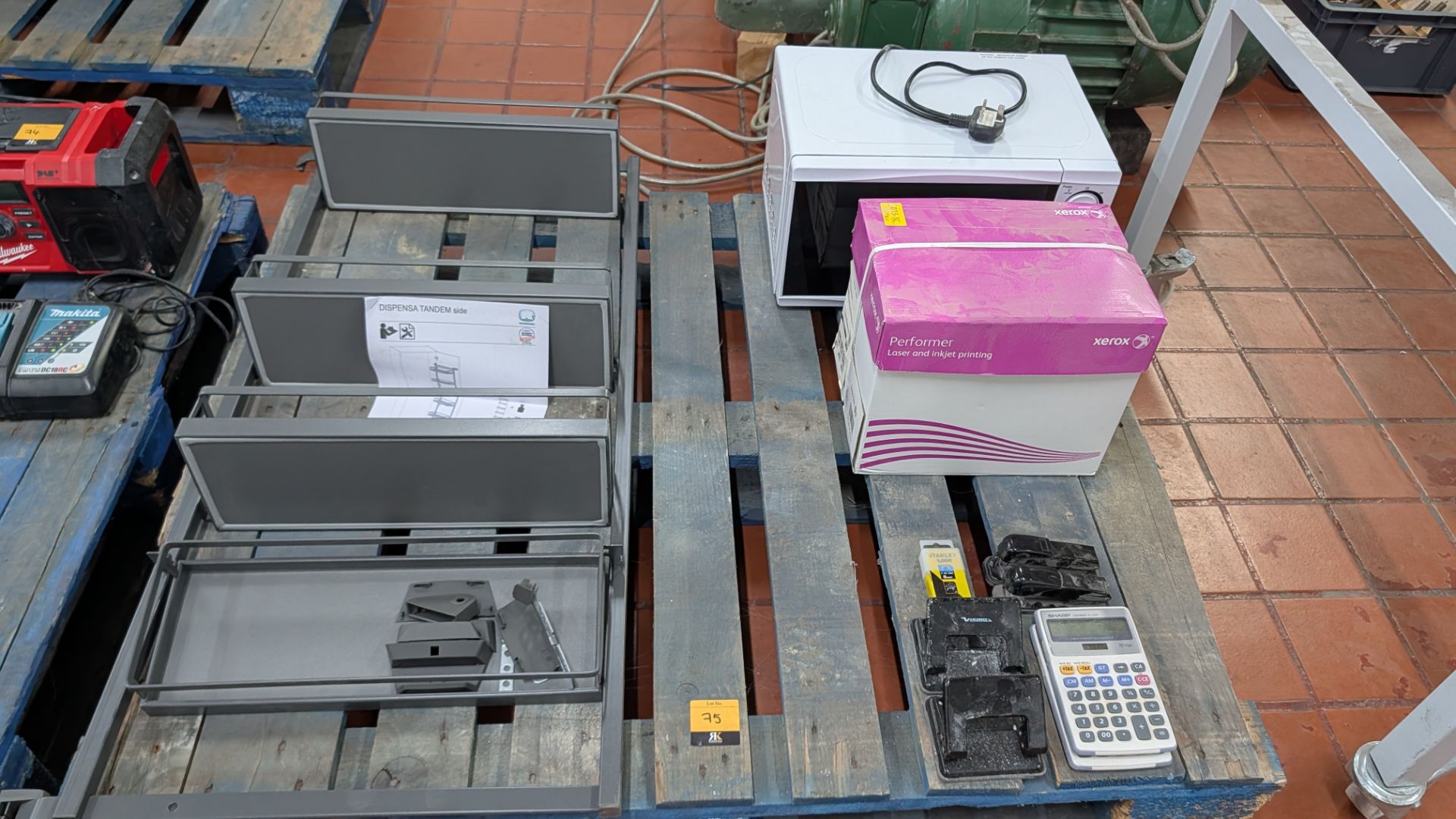 The contents of a Pallet of Miscellaneous Items including Shelving System, Office Supplies and Micro