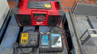 Mixed Lot comprising Makita and Dewalt Battery Chargers plus Milwaukee Stereo.