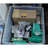 The contents of a Crate of miscellaneous Items including Assorted Light Bulbs, Click Modules, Timers
