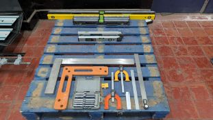 The contents of a Pallet of Spirit Levels, Set Squares, Metal Measures, Digital Gauges and more.