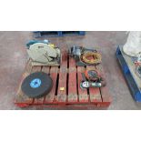 Contents of a Pallet comprising Makita 110V Chop Saw, Stack of Blades for same, Bosch 13A Angle Grin