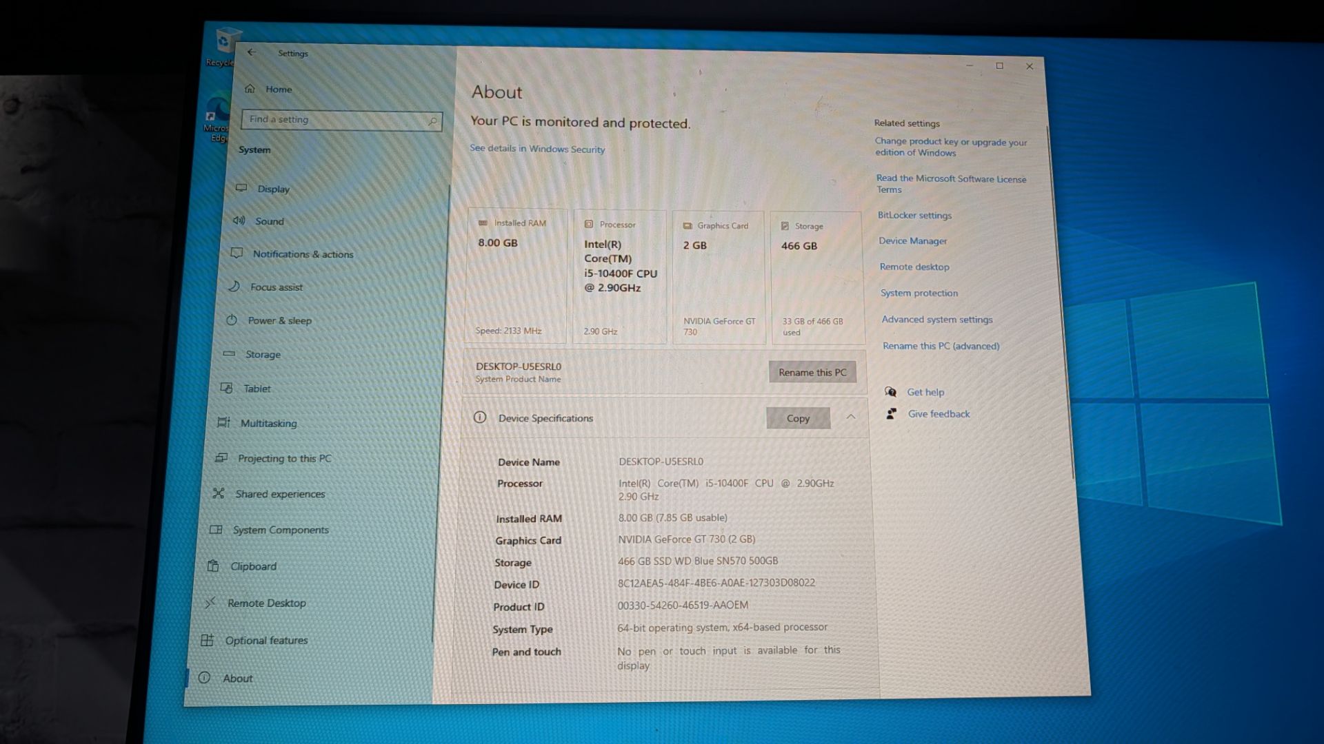 Desktop Computer with Intel Core i5-10400F CPU @ 2.9GHz, with 8GB Ram, 500 GB SSD, (NVME) Nvidia Gef - Image 10 of 11