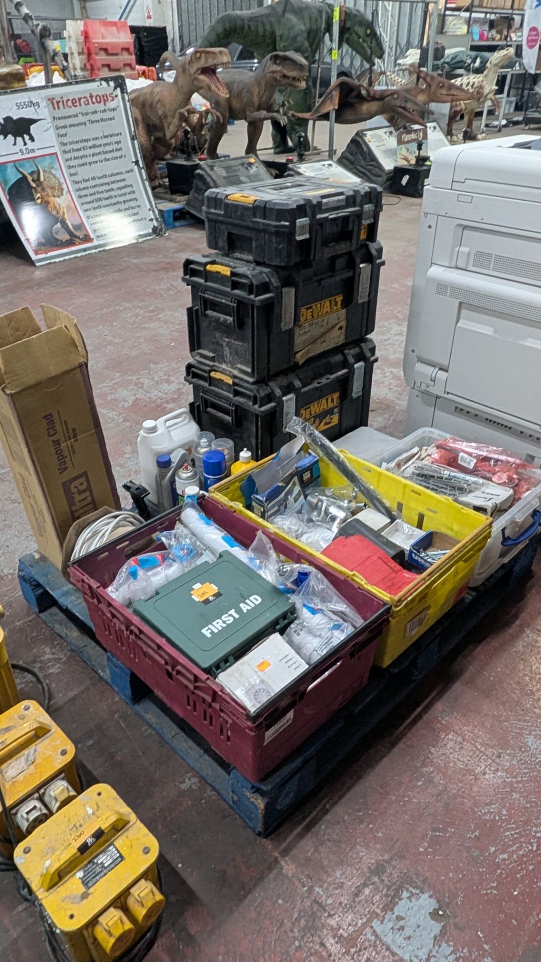 Contents of a Pallet of assorted items, including First Aid, Fixings, Spares, Cable, Toolboxes and m